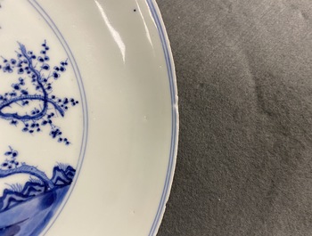 A Chinese blue and white 'Three friends of winter' dish, Xuande mark, Kangxi